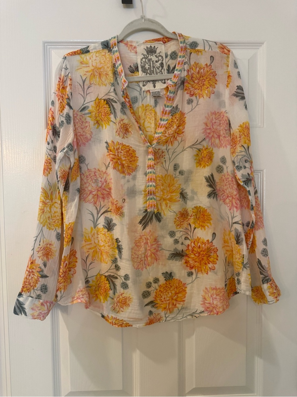 JAK 100% Cotton Lightweight Floral Embroidered V-Neck Tunic